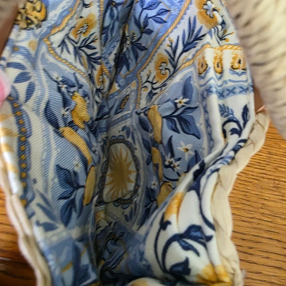 Tommy Bahama Kids Woven Straw Ring Handle Handbag Blue Yellow Tile Lining NEW